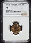 1927 Switzerland 20 Francs Gold, NGC MS65