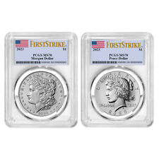 2023 $1 Morgan and Peace Silver Dollar 2pc Set PCGS MS70 FS Flag Label