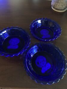 Cobalt Blue 1930s Depression Glass Shirley Temple Child's Cereal Bowls, 3 Total