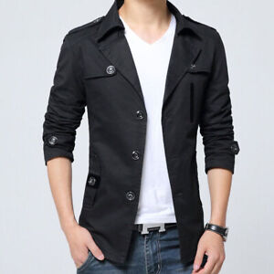 Spring Fall Men's Single Breasted Trench Coat Jacket Lapel Collar Business Slim
