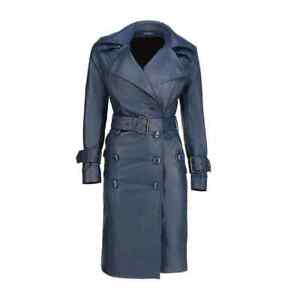 Stylish Designer Royal Blue Belt  Lambskin Leather Women Trench Coat Winter