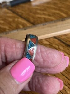 OLD PAWN Band RING Inlaid Turquoise Coral Stones Navajo Zuni Size 10 Sterling