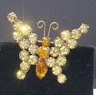 Vintage Rhinestone BUTTERFLY Brooch Pin Gold Topaz Yellow Orange Bug Insect