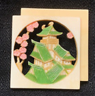Japanese Vtg Celluloid Traditional Pagoda House Cherry Blossom Scenic Brooch Pin