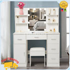 New Listing5 Drawers Makeup Desk with Lighted Mirror Vanity Table Set with Cushioned Stool