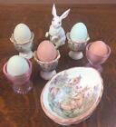 Lot of 5 Vintage Egg Cups Cracker Barrel Easter Egg Dish Lefton Bunny Rabbit