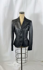 Black Leather Button Jacket Coat Blazer Y2K Punk Rock Glam Danier Size Small 90s