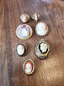 Antique Victorian Cameo Lot Hand Carved Shell Portraits Lot of 7