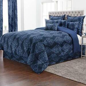 Stoneberry Victoria 12-Piece Comforter Set Navy 110X96 KING Sheet Shams Pillows