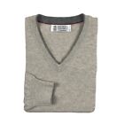 Brunello Cucinelli Pure Cashmere Light Brown Gray Tipped V Neck Sweater Size 58