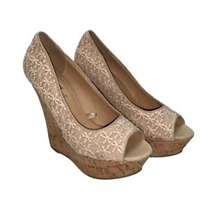 Rue21 Womens High Heels Shoes Peep Toe Cork Wedge Platform Nude Large 8 9
