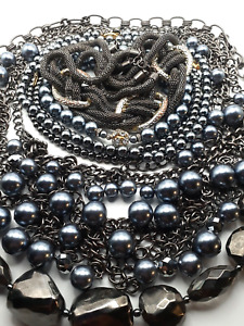 Major Metallic Grey Tone Costume Jewelry Lot of Six Necklaces One Bracelet EUC