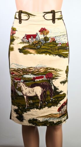 Vintage Anthropologie Cartonnier Horse Stable Print Velvet Pencil Skirt size 6