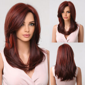 Auburn Red Synthetic Hair Wigs long Highlights Layered Wig with Side Bangs Daily