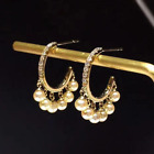 Natural Diamond Pearl Bulb Chandelier Women C Hoop Earrings 14K Yellow Gold Gift