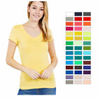 Women V Neck Crew T Shirt Short Sleeve Solid Fitted Stretchy Basic Soft Top S-XL