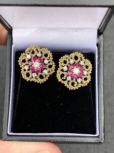 18ct Gold Ruby & Diamond Exceptional Large Heavy Cluster Earrings, 18k 750 7.7g