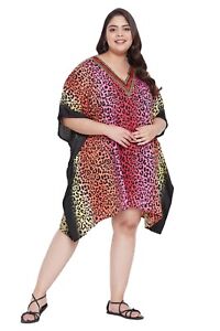 Leopard Print Multicolor Tunic Top Plus Size Mini Dress Beach Kaftan for Women