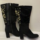 Cloudwalker Knee High Black w/ Gold Embroidery Size 8W Heeled Boots Classy Boho