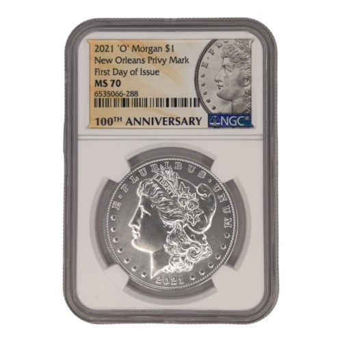 2021-O PRIVY MORGAN DOLLAR NGC MS70 FIRST DAY OF ISSUE FDOI 100th Anniversary 1A