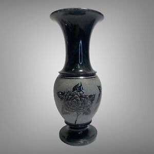 Vintage Black Onyx Marble Stone Vase Etched Heavy 8.5” Fluted