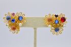 Vintage Clip Earrings Floral Multi-Color Cabochon 1980s BinAF