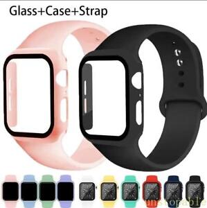 Strap+Glass Screen Case For Apple Watch 9 8 7 6 5 4 3 2 SE Silicone iWatch Band