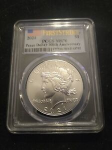 2021 Peace Dollar Silver 100th Anniversary PCGS First Strike MS70 Flag Label $1