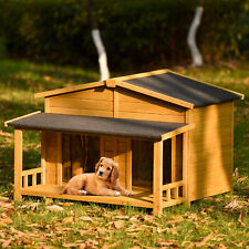 Outdoor Large Wooden Dog House Cage Asphalt Roof Dog Kennel with 2 Doors, Porch
