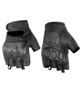 Mens Knuckle Fingerless Half Finger Black Leather Gel Palm Motorcycle Gloves