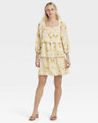 Who What Wear Women's L Dress Bishop Sleeve Beige Yellow Drawing Room Floral