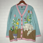 Storybook Knits Vintage Cardigan Womens Size L Cat Print Hand Knit Granny Cottag