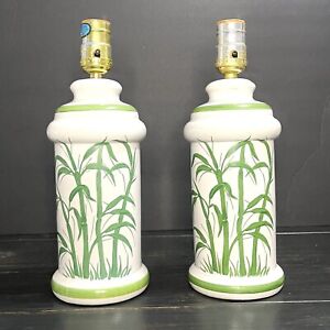Pair of  VTG Porcelain Lamp Hand Painted Bamboo Mid-Century Contemporary 10”