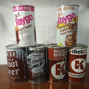 Lot 121 6 Vintage steel soda pop root beer cans faygo Barg's elf Big K 12 oz