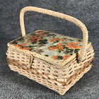 Vintage Sewing Basket Box Woven Wicker Japan w Tray Rose Design Motif circa 1960