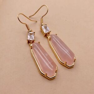 Natural Pink Rose Quartz 925 Silver Gold Plated Hook Drop Earrings Women Jewelry