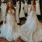 Plus Size Boho Wedding Dresses Deep V Neck Long Sleeves White Ivory Bridal Gowns