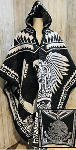 Mexican PONCHO Calendario Azteca With Hoodie SIZE FITS All Sarape Double Sided