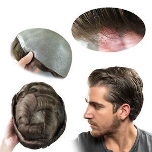 Mens Thin Skin Toupee Hair Replacement System Hairpiece BIO Human Hair Wigs
