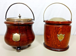 Pair Antique Oak Wood & Metal EPNS Biscuit Barrel Tobacco Jar Porcelain Shield