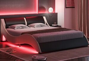 Queen Size Wave Like Low Profile Platform Bed Frame with Underneath LED Lights