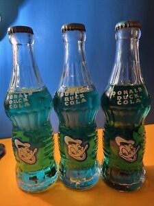 Vintage Walt Disney Productions 3 Donald Duck Cola Bottles FULL Unopened Green