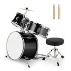 3 Piece Kids Drum Set with Throne Cymbal Pedal & Drumsticks Black 14