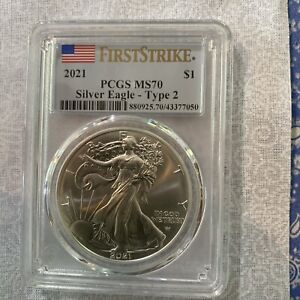 2021 Type 2  American Silver Eagle PCGS MS70 - First Strike - Flag Label