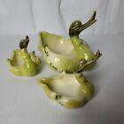Set of 3 - HULL Green Swan / Duck Trinket / Candy / Planters - Large 8x6in 1950s