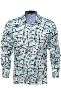 Mens Luxury Brand Printed Silklike Button Down Dress Shirt  Money Print 3XL