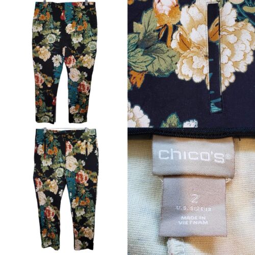 Chicos Womens Pants Ponte Knit Stretch Size 2.5 US 12 Black Floral Ankle