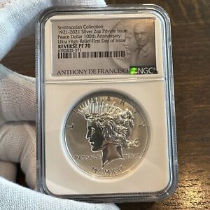 1921-2021 Smithsonian 2oz 100th Ann Peace Dollar Reverse PF70 First Day of Issue
