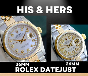 ROLEX HIS AND HERS DATEJUST GOLD & STEEL WATCH 36MM MENS 26MM LADIES 16233 69173