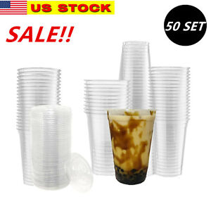 【50 Set】Disposable To Go Clear PET Plastic Cups with Flat Lids For Party - 16 oz